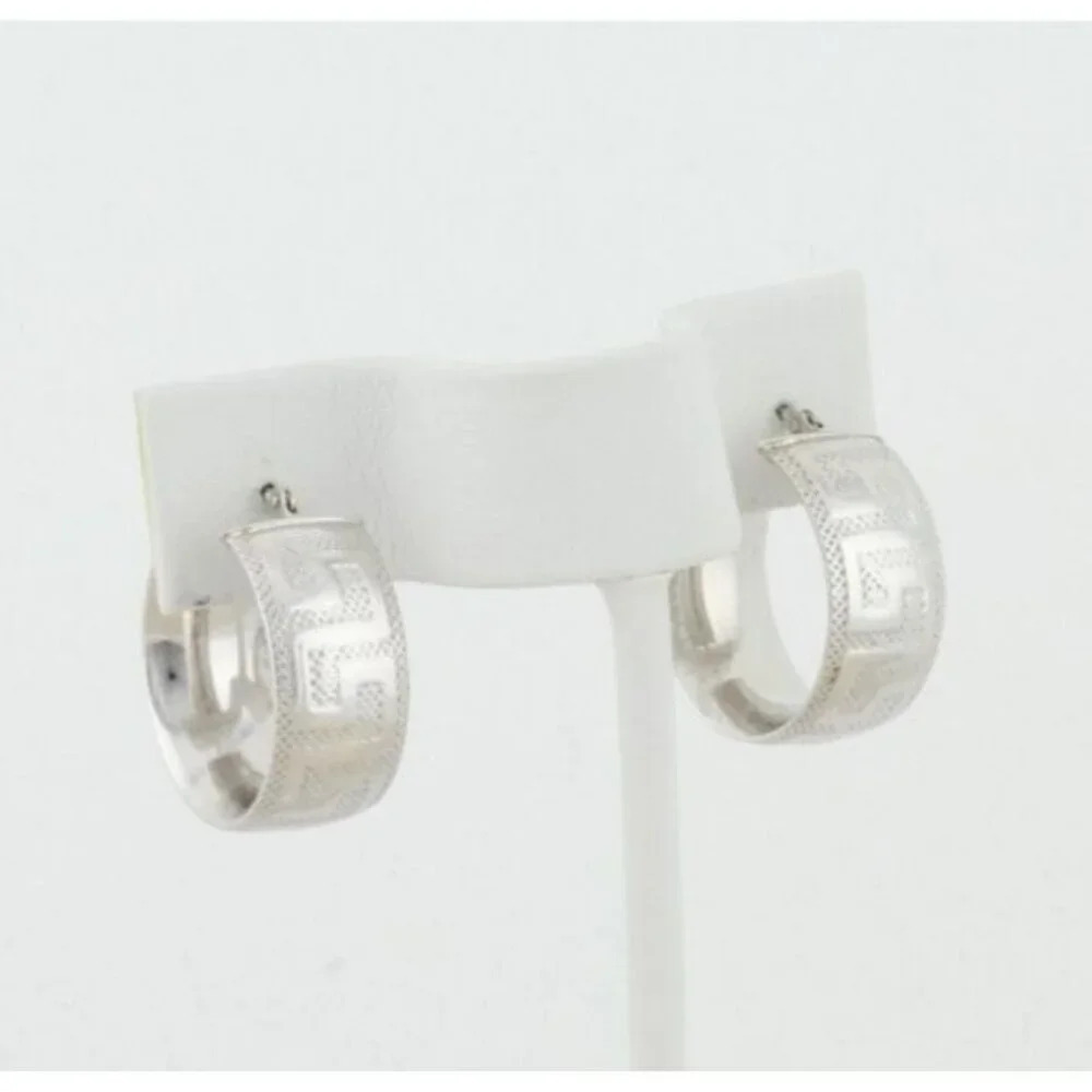14k White Gold Hollow Lightweight Greek Key Hoop Earrings 3/4" Hoops